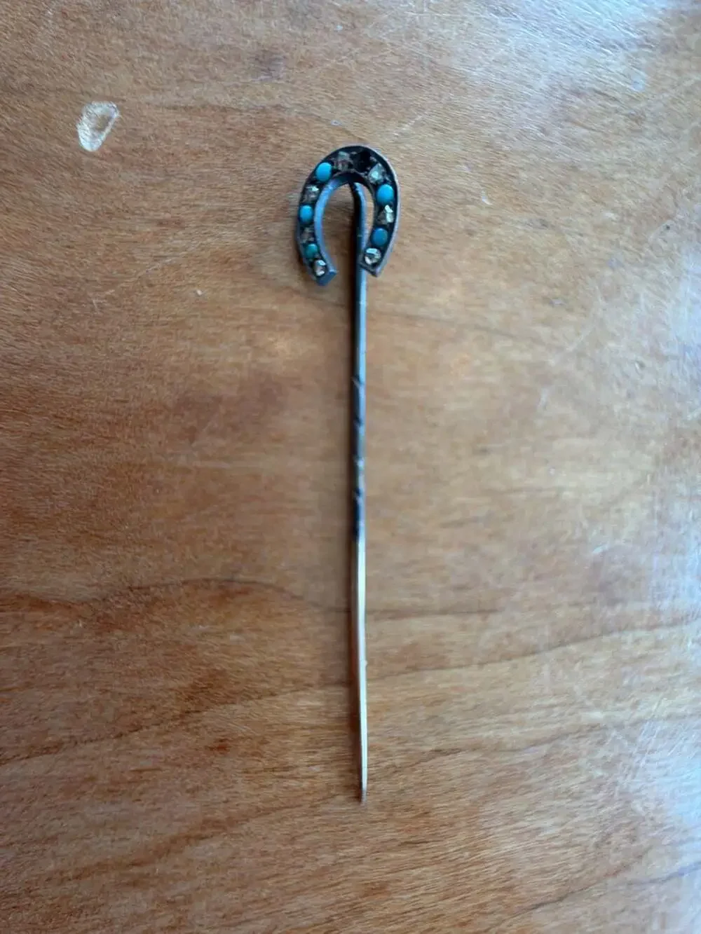 Antique Victorian Untested Turquoise and Diamond Horseshoe Stick Pin